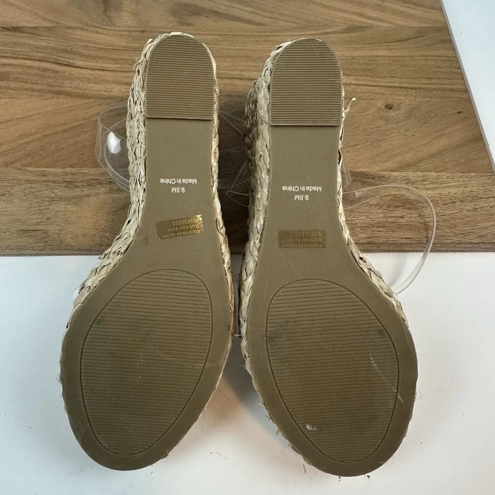 Womens BP Nordstrom Ginny Clear‎ Beige Strappy Espadrille Wedge Sandals Size 9.5